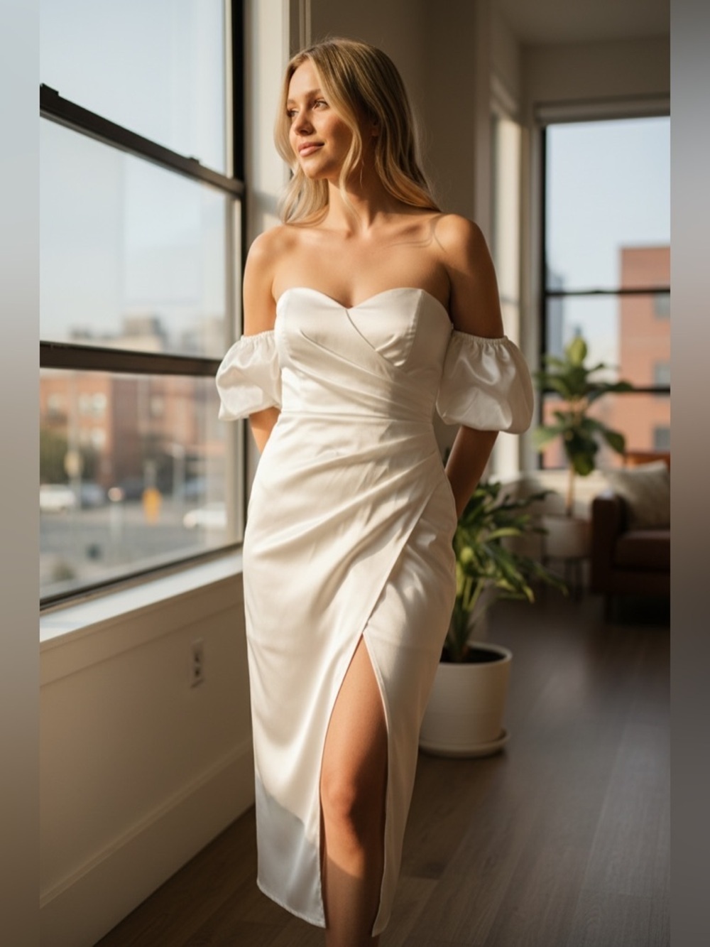 White Off-Shoulder Satin Midi Wedding Dress with Thigh Slit